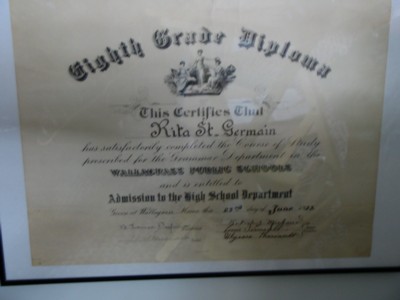 Wallagrass diploma, small, Rita St. Germain, link to large